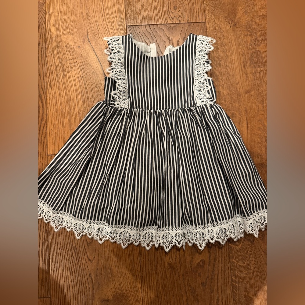 Popatu Black and White Striped Dress with Lace Trim